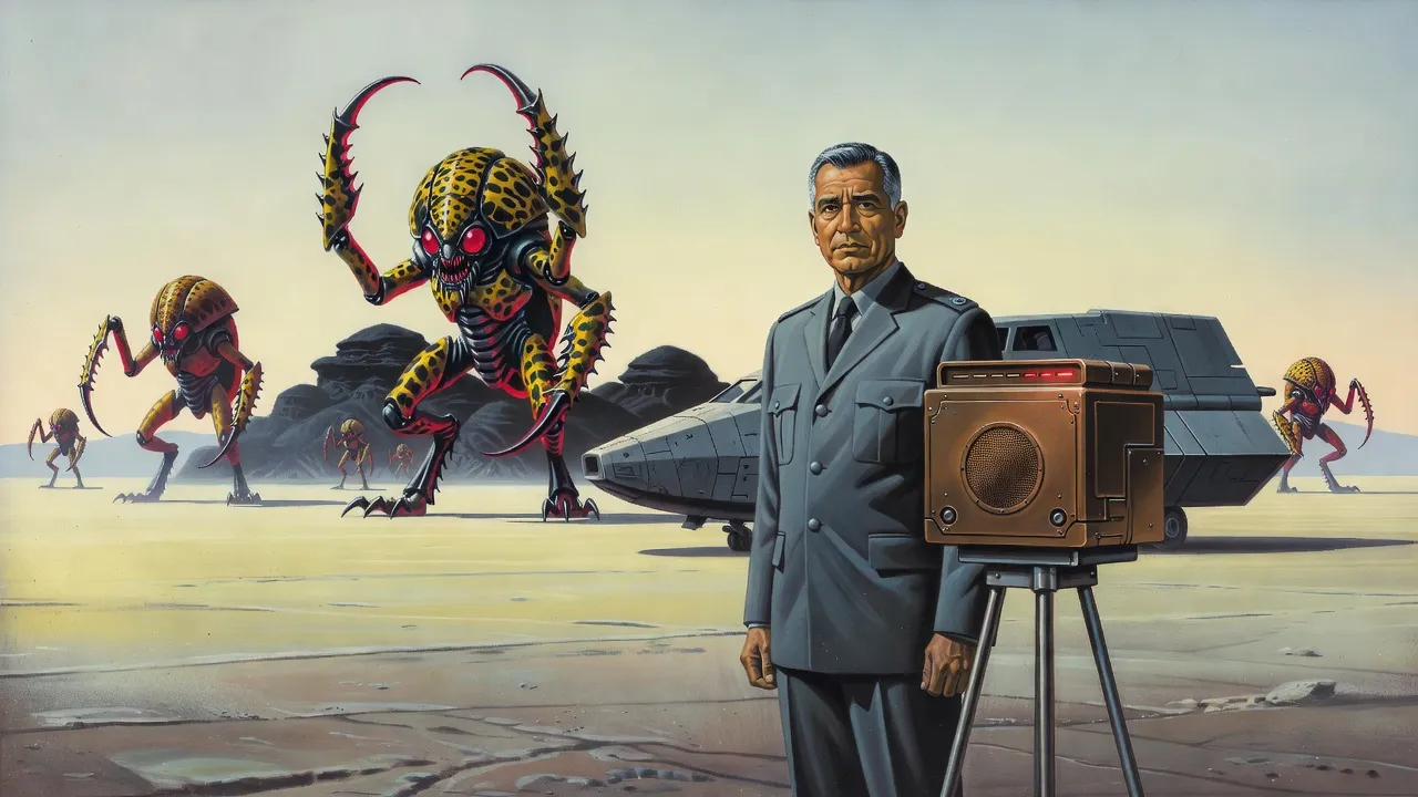 A calm grey-uniformed admiral stands on a barren plain beside a silent bronze device while giant beetle-like aliens raise their limbs in the distance.