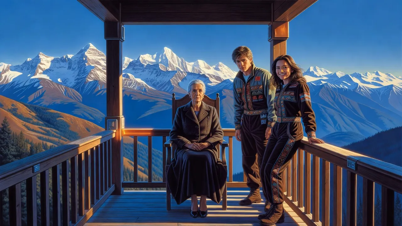 On a mansion porch facing snowcapped mountains, a formidable old woman in a high-backed chair sizes up a grinning dark-haired young woman while a fair-haired young man looks on.