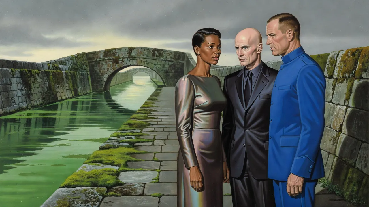 A dark-haired woman, a pale bald man and a uniformed guard captain talk quietly on a mossy walkway beside a still green canal.