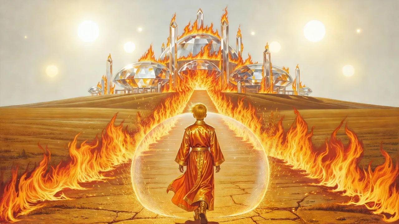 Under a sky of several suns, a boy in orange robes walks alone across a scorched plain toward a crystal palace in flames as a wave of fire splashes against an invisible shield before him.