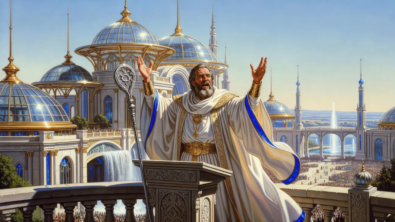 A bearded man in white-and-gold robes speaks with raised hands from a palace balcony above a huge crowd.
