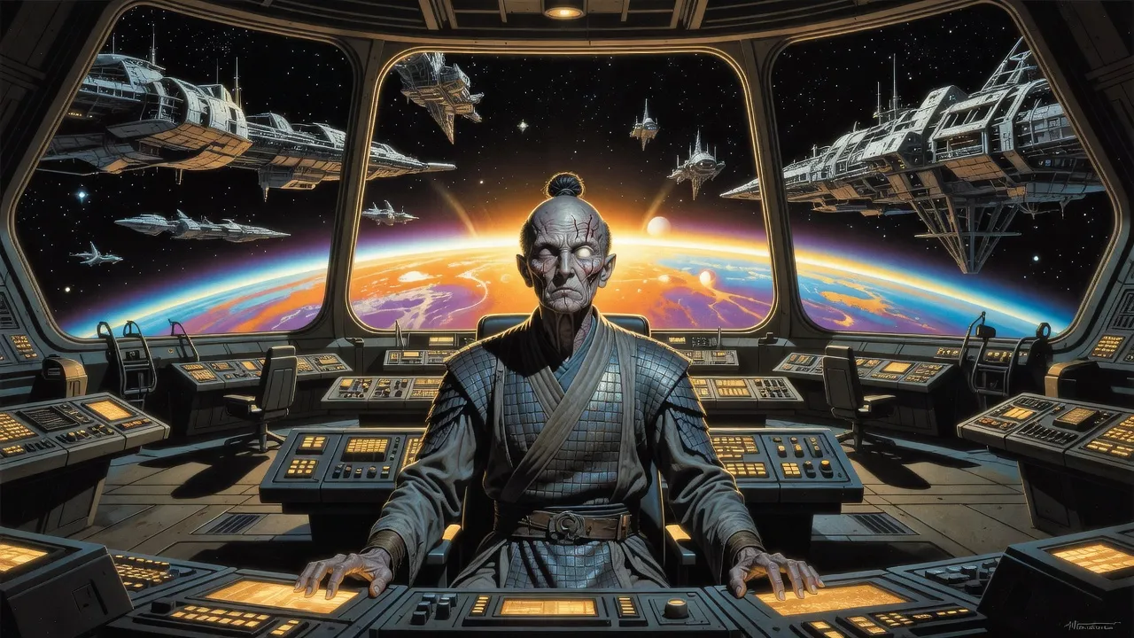 A scarred, blind alien commander sits alone at glowing controls in an empty space station, skeletal ship frames hanging outside the window above a bright planet.