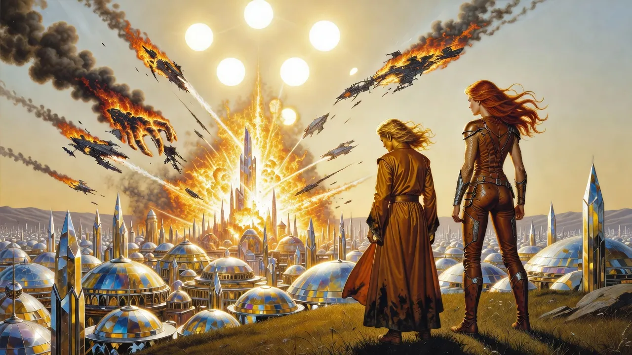 From a hilltop under a sky of several suns, two golden-haired figures watch the burning wreckage of space stations plunge onto a distant crystal city in a white-hot flash.