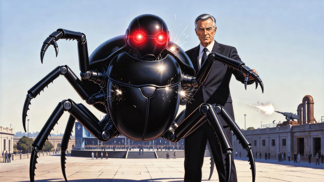 Sparks burst across a huge black beetle-shaped robot on a sunlit stage while a grey-haired man in a suit flinches behind it, a small gun firing from a distant rooftop.