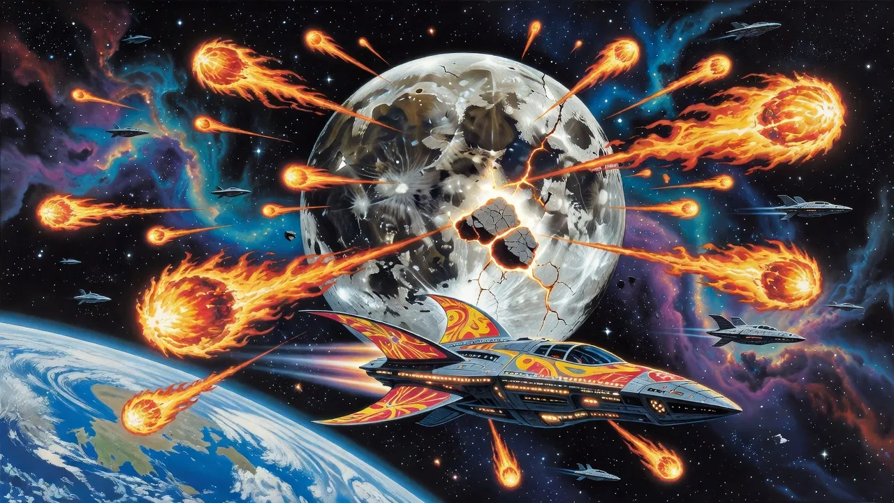 Countless fireballs streak across a starfield into a cracked grey moon splitting apart above the blue curve of Earth, an ornate alien warship with painted fins racing away in the foreground.