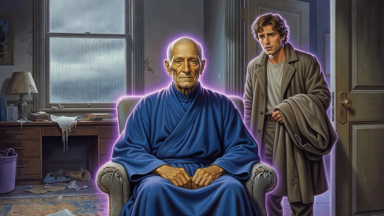 In a shabby rain-lit room, an elderly alien storyteller with pale, faded face lobes sits very still while a young man in the doorway looks back at him.