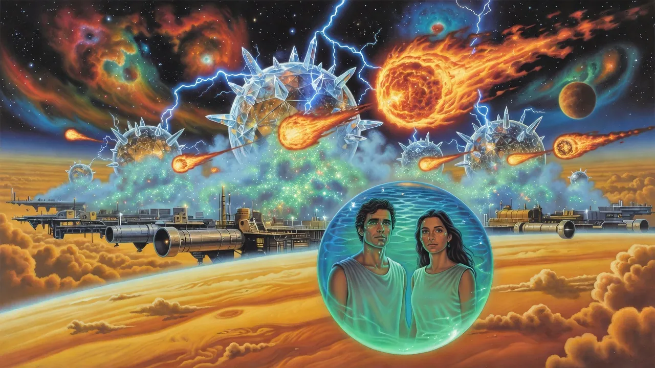 Above a gas giant’s clouds, diamond warglobes wrapped in blue-green mist rise against diving fireballs while two glowing figures stand inside a floating sphere of water.