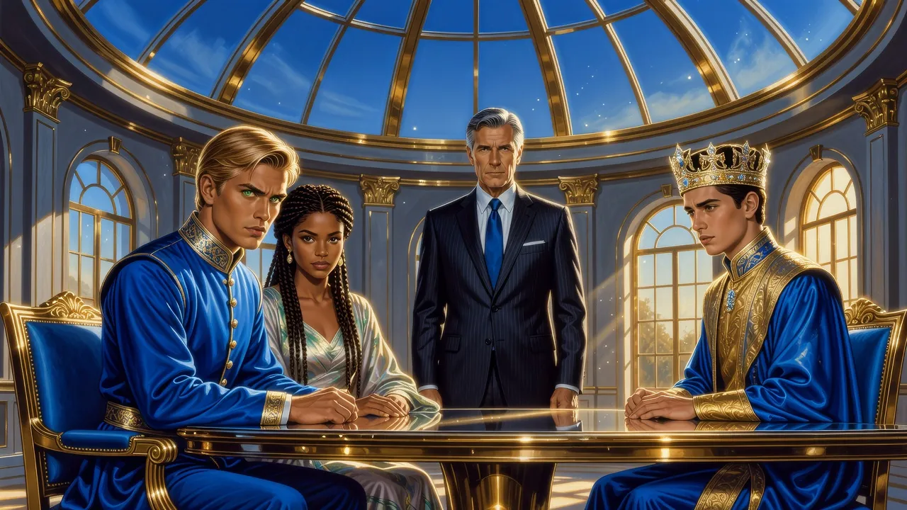 In a palace room, a fair-haired king searches the face of a pale young man in a jewelled crown across a table while a grey-haired man in a suit stands glowering at its head.