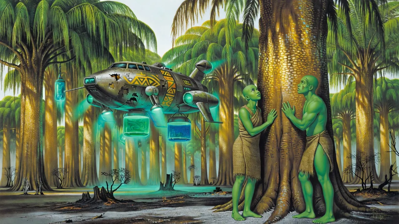 A cargo ship with a painted hull lowers tanks of glowing blue-green water through a gap in giant trees while two green-skinned young people press their hands to a trunk.
