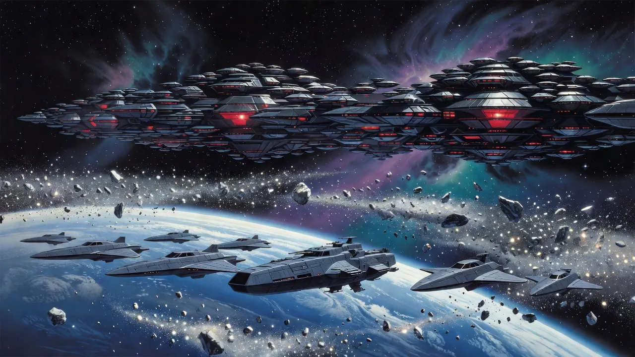 A row of colossal hive-like alien ships hangs above a blue planet and a field of moon rubble, dwarfing a line of grey warships.