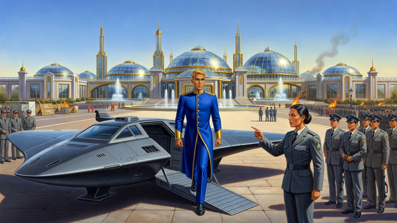 A king strides down the ramp of a grey warship landed in a palace plaza as a uniformed woman shouts an order and the soldiers behind her hesitate with lowered rifles.