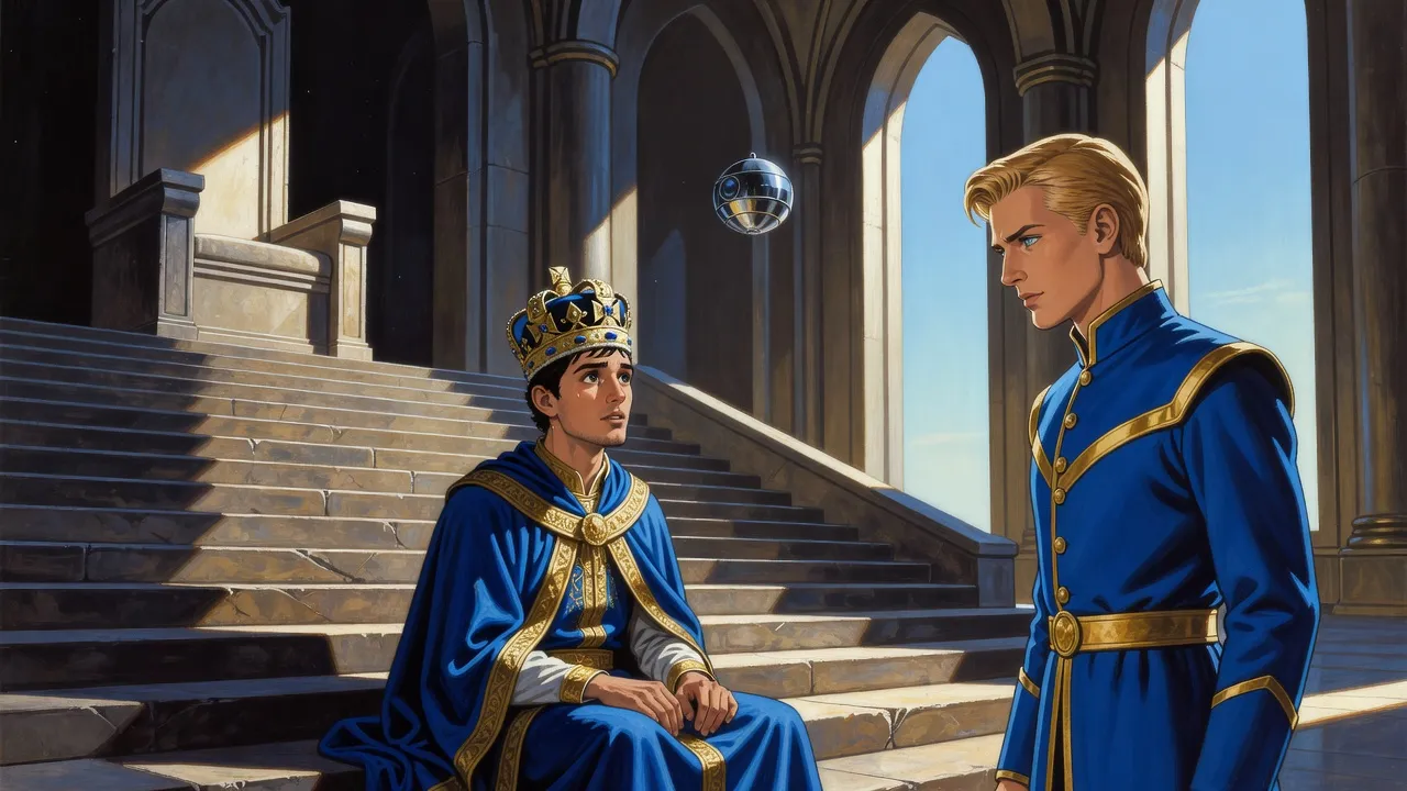 In a vast throne room, a pale young man in royal robes sits on the steps below an empty throne while a fair-haired king stands over him.