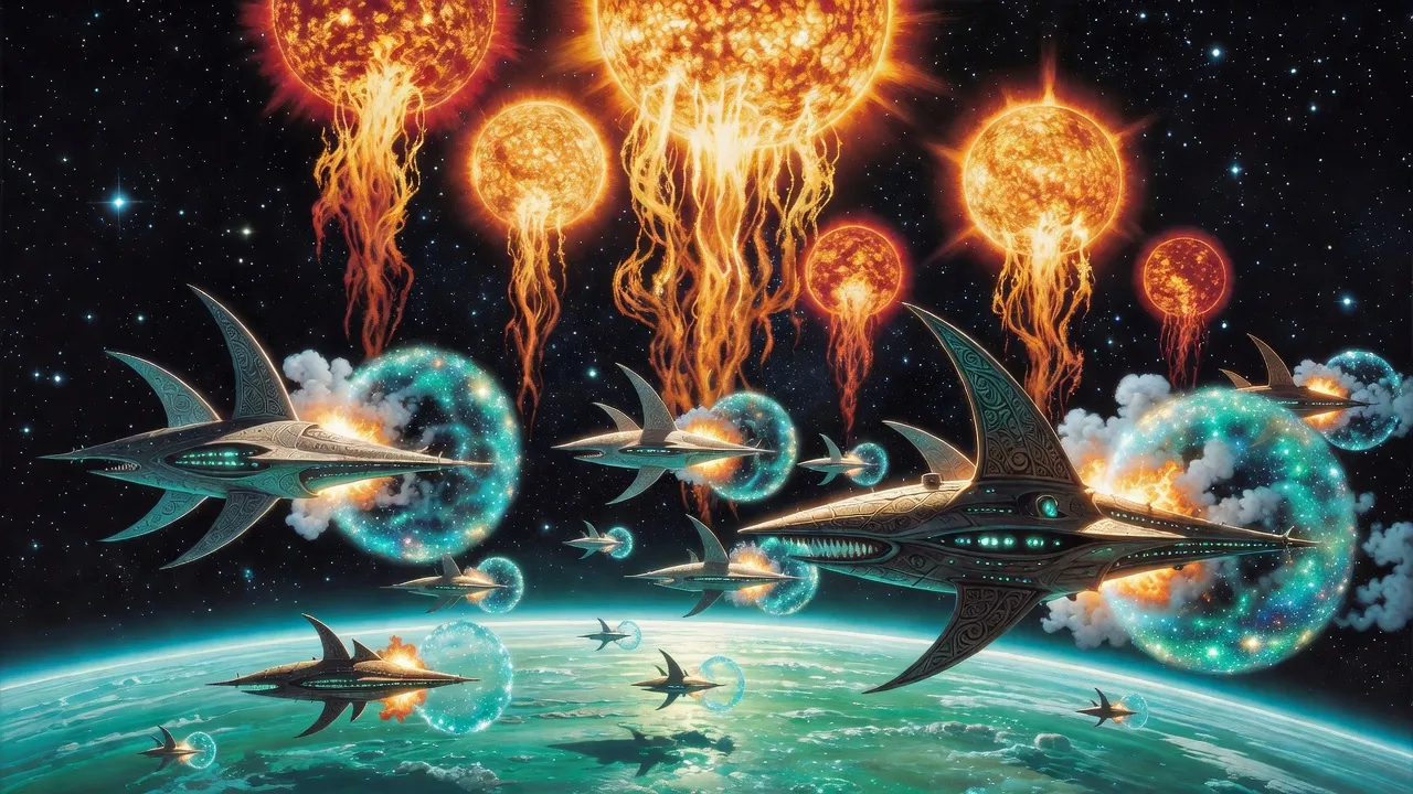 Ornate alien warships wrapped in glittering shells of blue-green water dive toward a bright planet as streams of fireballs pour out of several blazing suns.