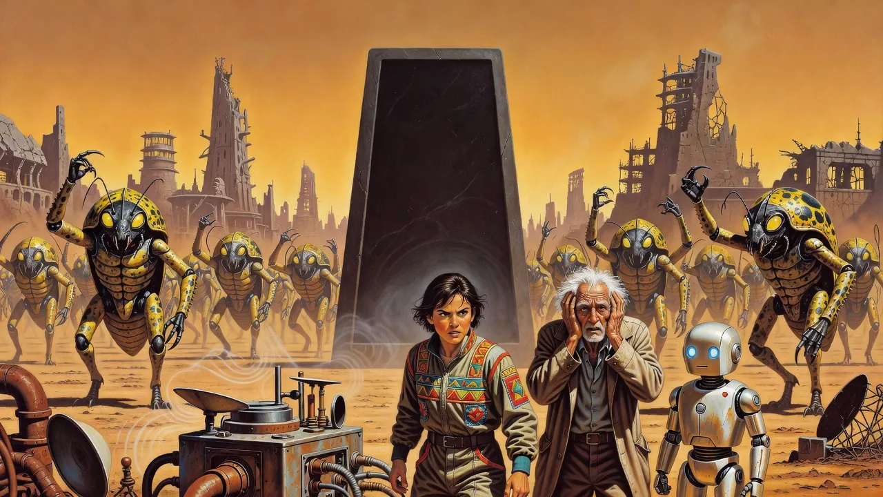 On a dead world, giant beetle-like aliens stand frozen before a stone gateway while a woman, an old man covering his ears and a small silver robot watch beside a humming device.