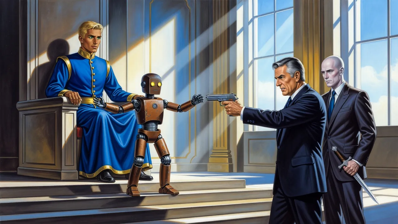 In a throne room, an enraged man in a suit aims a handgun at a seated king as a small robot spreads its arms to shield him and a pale bald man behind draws a dagger.