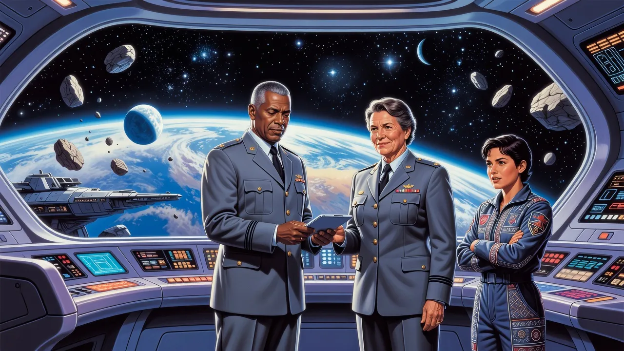 On a battleship bridge, a stiff grey-uniformed general holds out a datapad to a weathered woman admiral in dress uniform while a short-haired young woman watches.