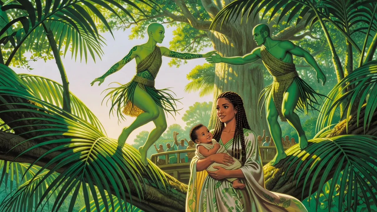 High in giant trees, a green-skinned bride leaps between branches toward a green-skinned young man reaching to catch her while a queen holding a baby watches from a platform below.