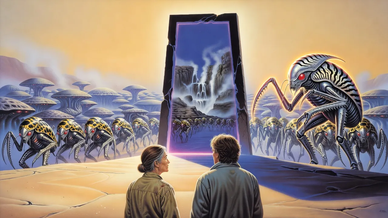 Seen from behind, a grey-haired woman and a young man watch ranks of giant beetle-like aliens march through a stone gateway that opens onto grey cliffs and steaming geysers.