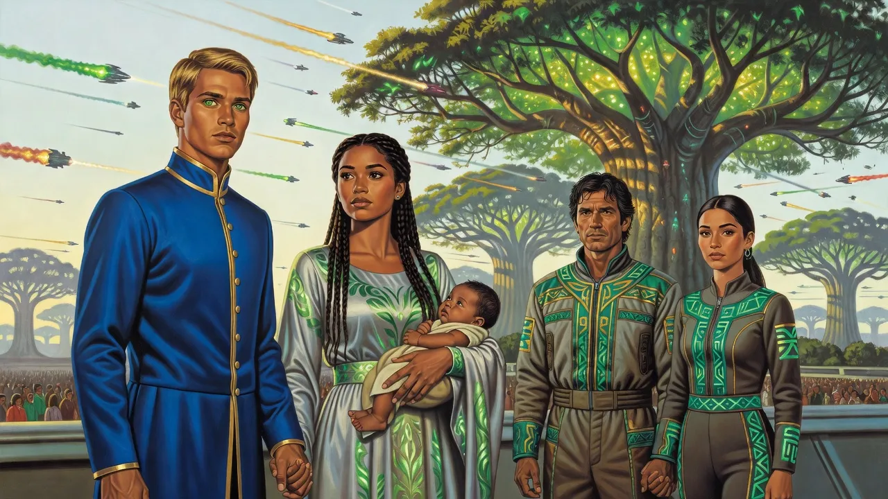 A straw-blond man in a high-collared blue-and-gold tunic holds hands with a bronze-skinned woman in long braids cradling a baby, a Roamer couple in embroidered jumpsuits beside them, before colossal trees as streaking ships trail coloured vapour across the sky.