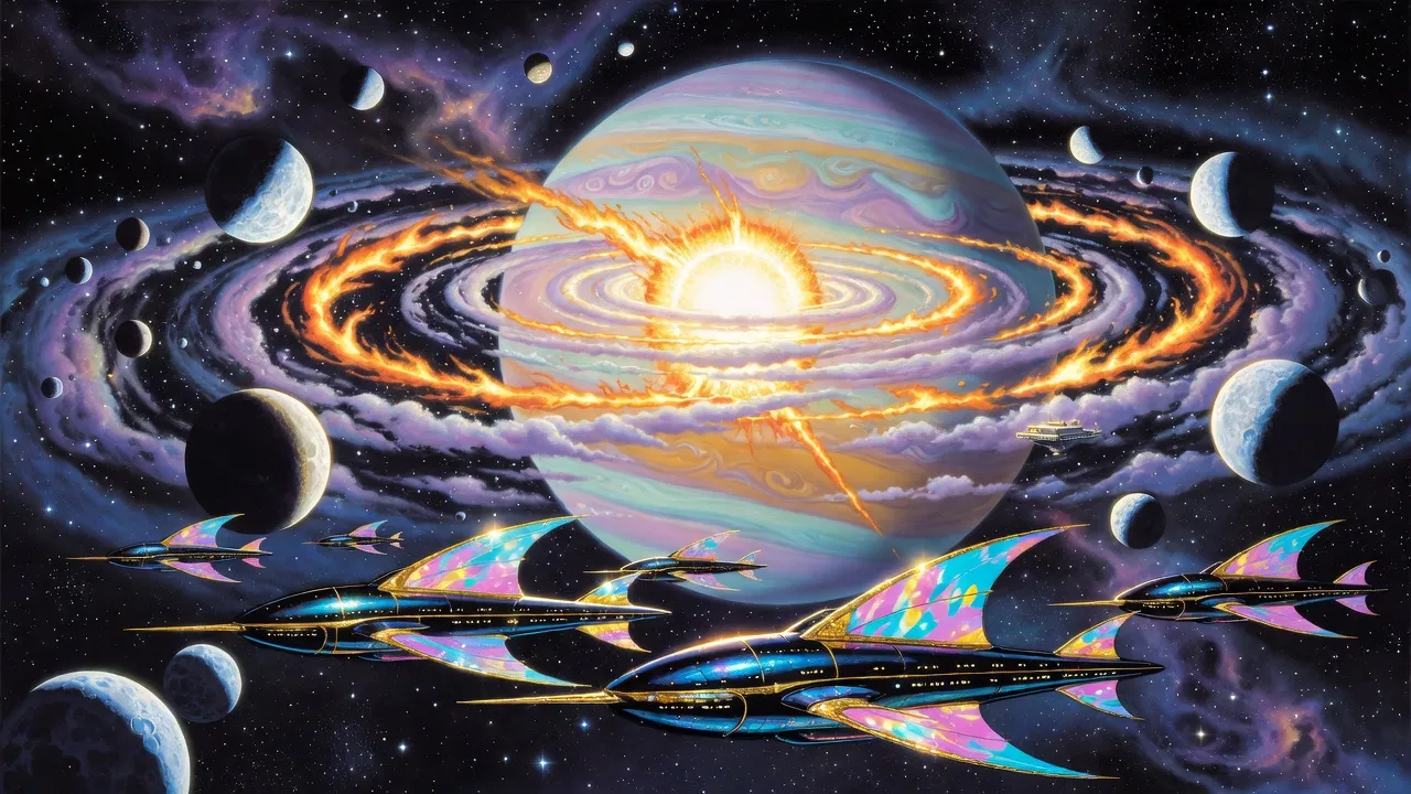 Seen from deep space, a vast pastel-banded gas giant ringed by moons ignites at its core, spirals of fire racing through its clouds, as a squadron of ornate finned alien warships glides past in the foreground.