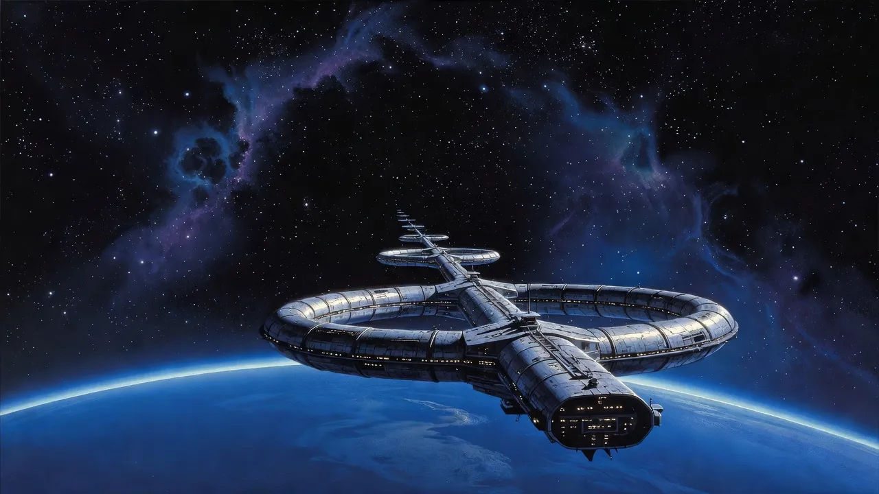 A huge, slow colony starship drifts away from the curve of a blue planet against stars and nebulae, more of the same ships dwindling to specks of light ahead of it.