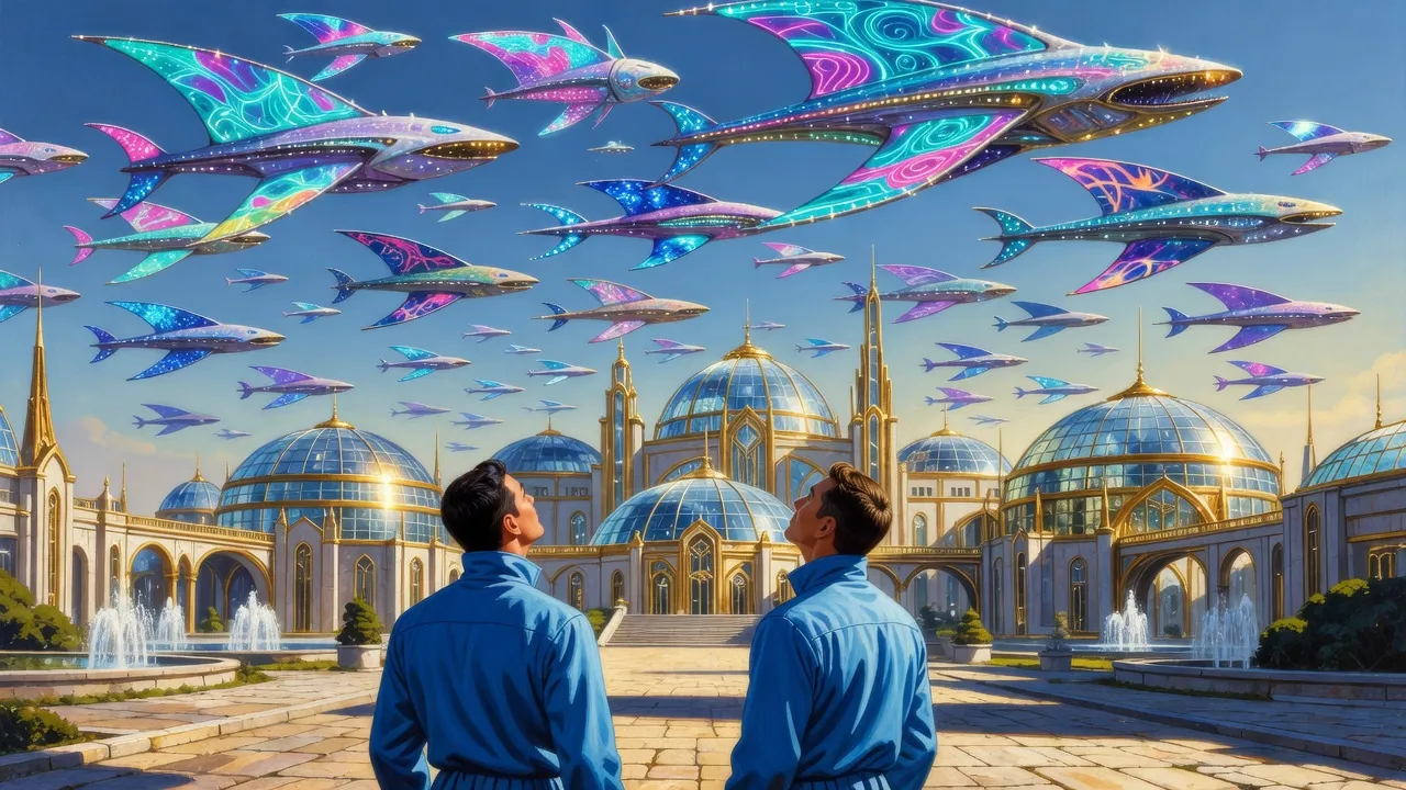Ornate alien warships like fanged fish with spread fins fill a bright daytime sky above a vast palace of glass domes, two guards in bright blue uniforms looking up from the plaza.