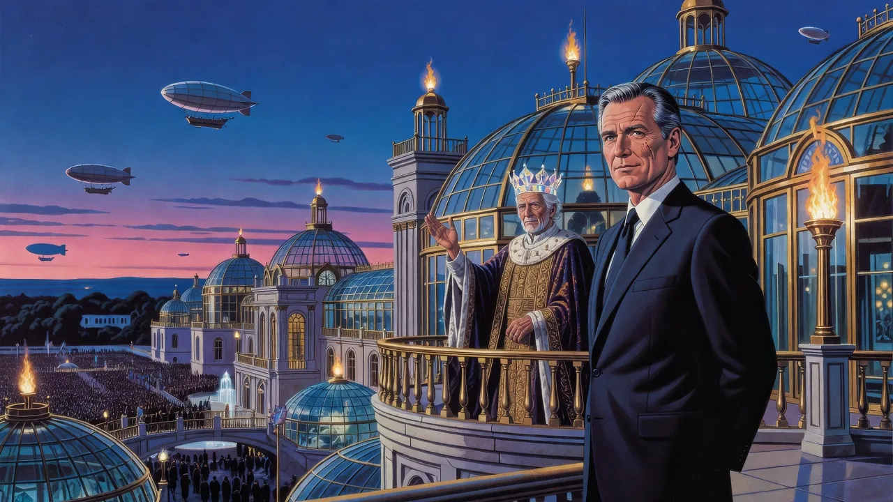 At dusk a man in a dark suit watches from a terrace as a robed, crowned old king raises a hand to a crowd from the balcony of a vast palace of glowing glass domes.