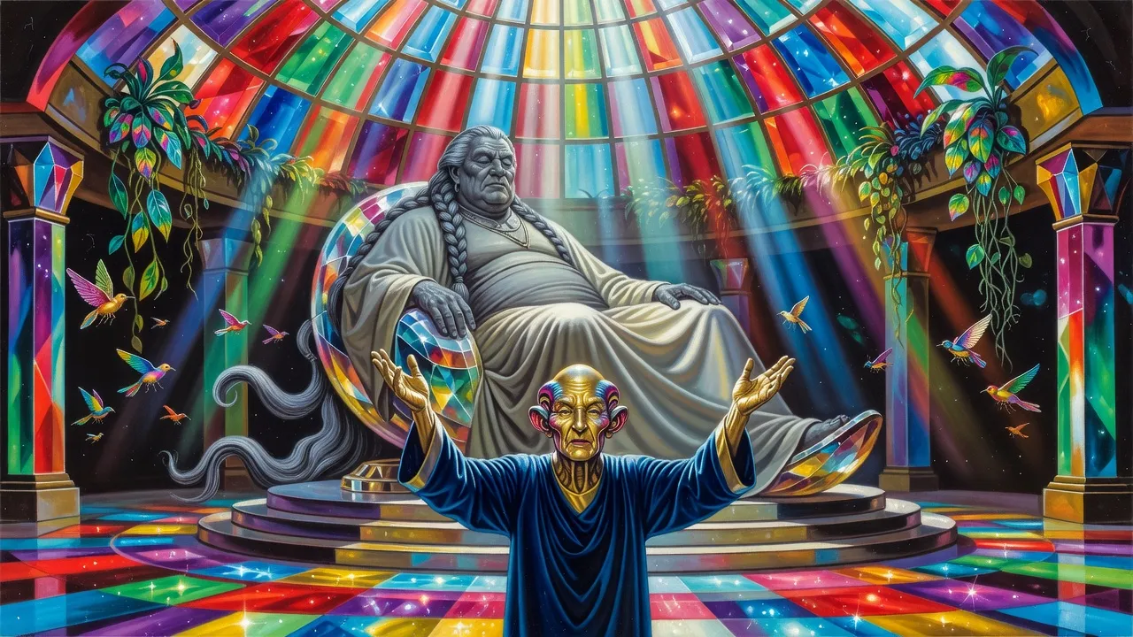 Inside a vast faceted crystal dome hung with plants and birds, an immense grey-skinned ruler reclines in a cocoon-shaped throne while a blue-robed storyteller whose face glows with shifting colours recites before him.