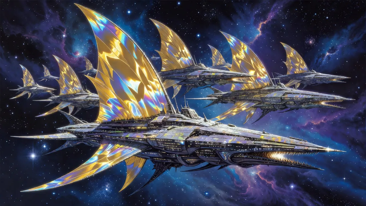 A formation of ornate alien warships with fanged prows, spread painted fins and glittering strips of light cruises against stars and nebulae.