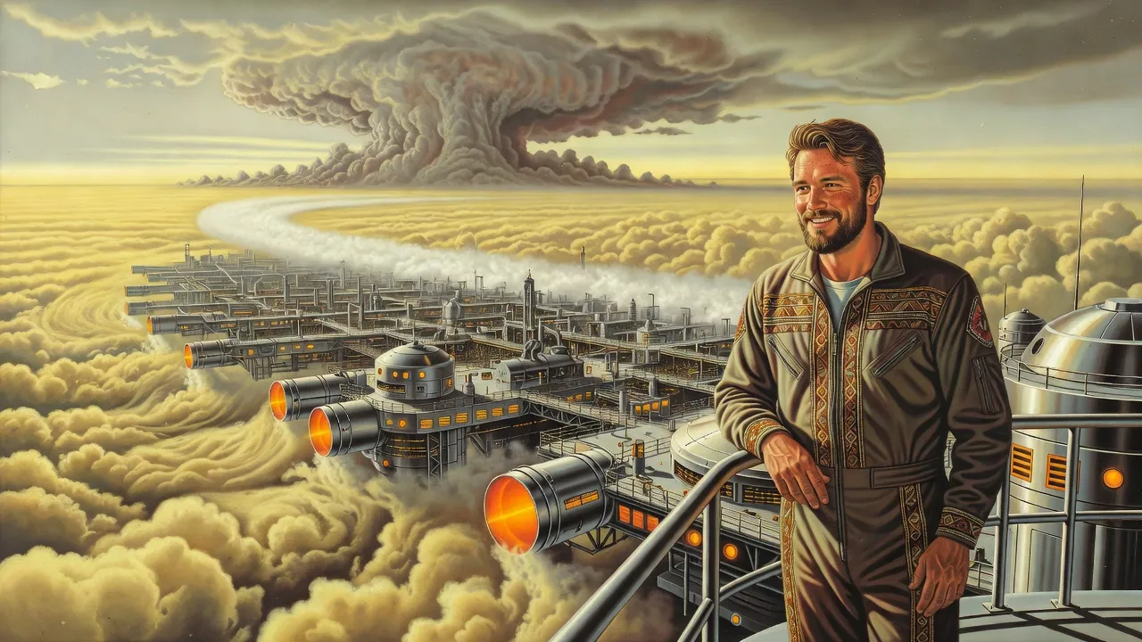 A huge floating industrial platform skims yellow-tan cloud tops leaving a wake, a bearded man in an embroidered jumpsuit leaning on a deck railing and looking down into the storm bands.