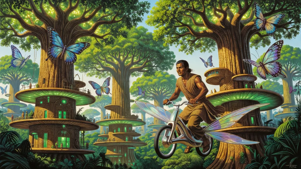 An enormous shelf mushroom carved with rooms and balconies grows between colossal golden-barked trunks in green-gold daylight, giant butterfly-like insects drifting by and a rider on a winged glider swooping past.