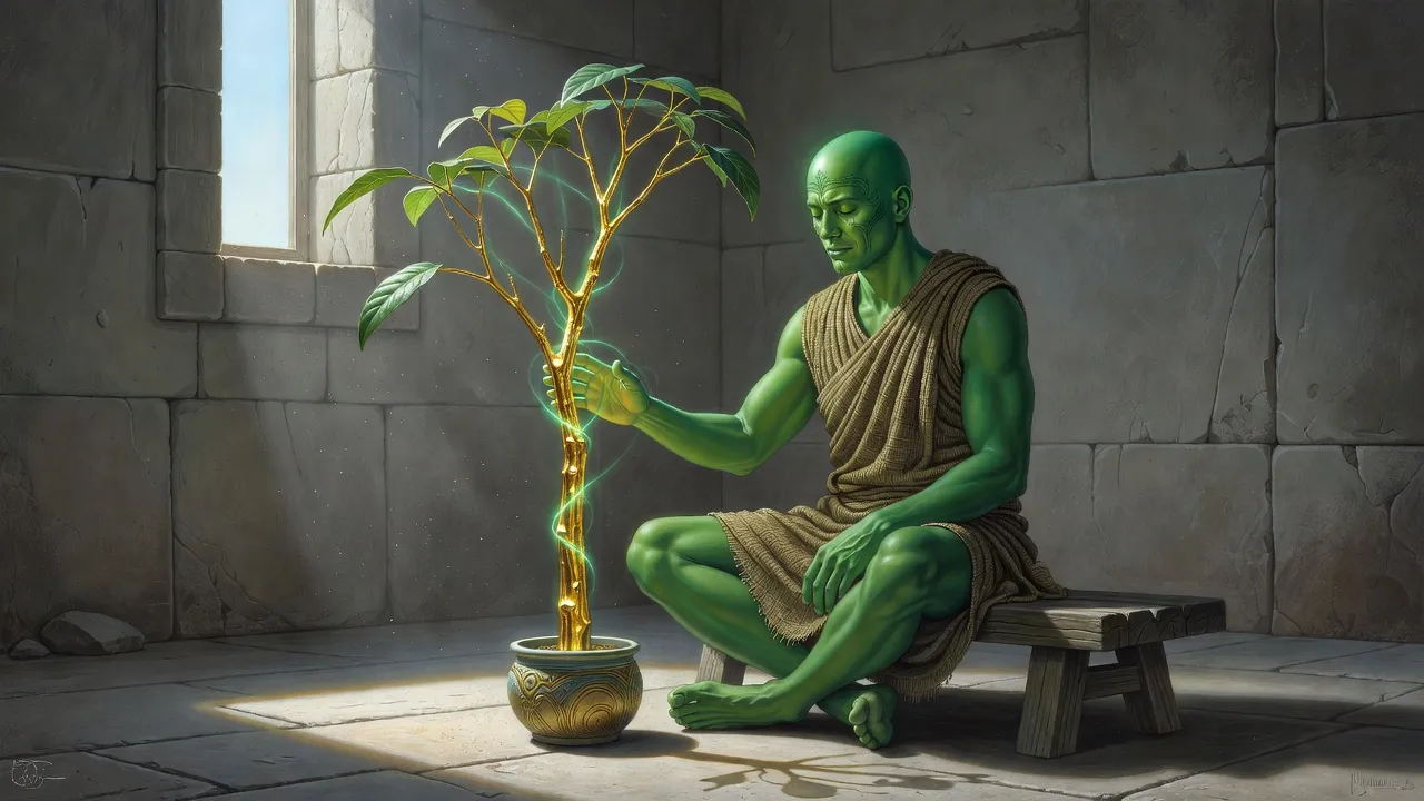 In a plain stone room lit by grey daylight, a bald, emerald-skinned man with fine facial tattoos sits beside a potted golden-barked sapling, one palm on its trunk and his eyes closed.