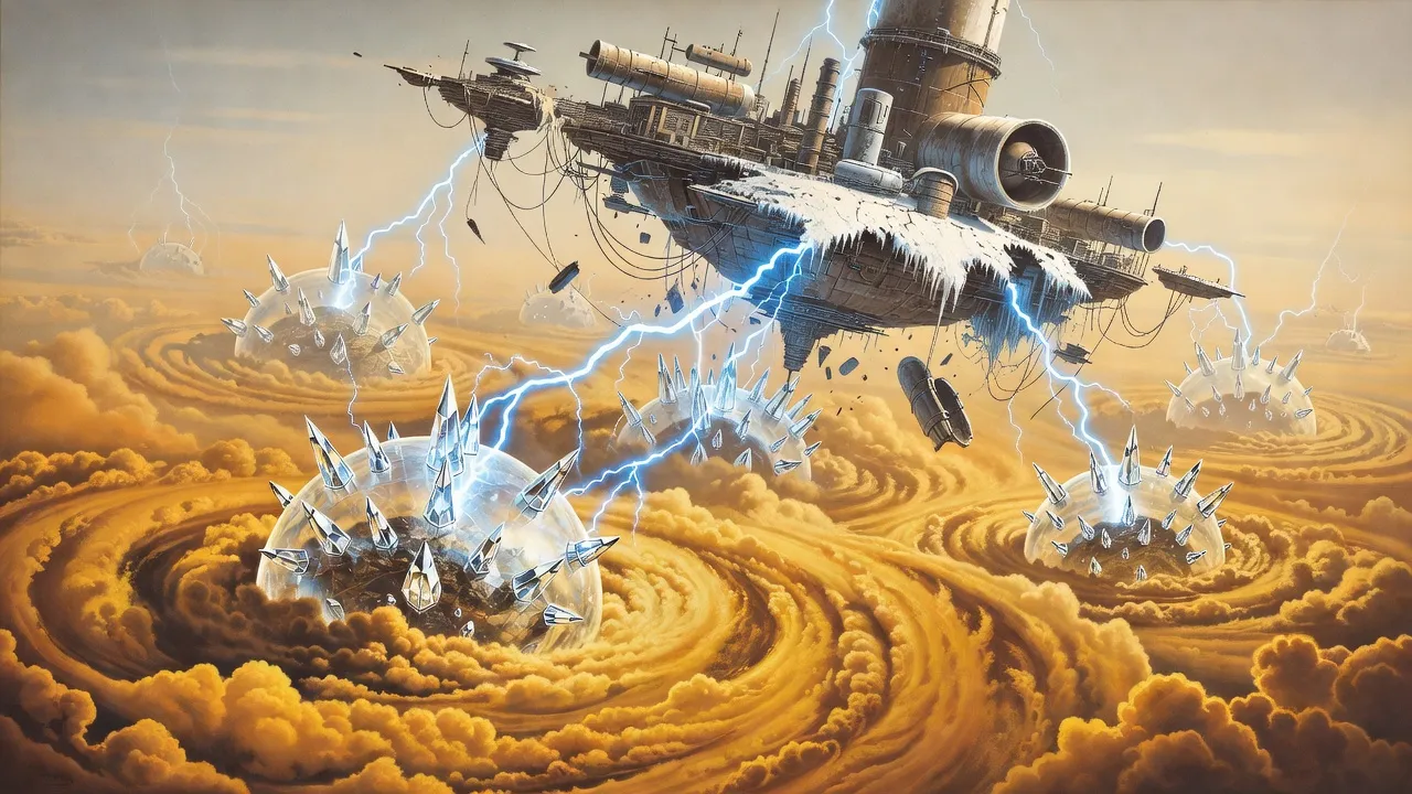 Huge diamond spheres bristling with crystal spikes rise out of swirling amber clouds, blue lightning arcing up into a floating industrial platform whose hull is crusted with ice and breaking apart.