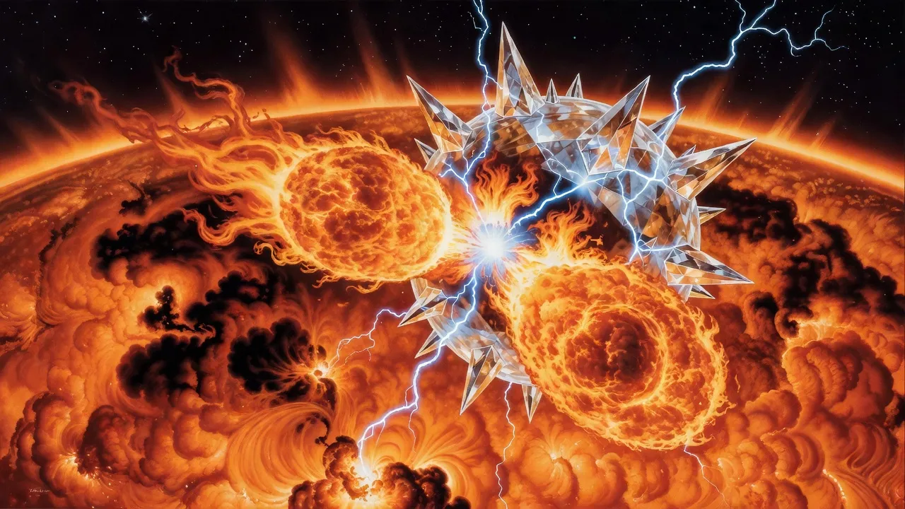 Huge flaming ellipsoids slam into a crackling diamond sphere amid the boiling orange fire of a star whose surface is darkening in patches, black space and stars beyond its edge.