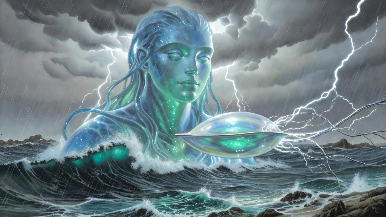 Under a churning grey sky a towering shape of glowing blue-green water with a calm face rises from a storm-tossed sea, a glistening ship like a bubble of water and pearl hovering beside it.