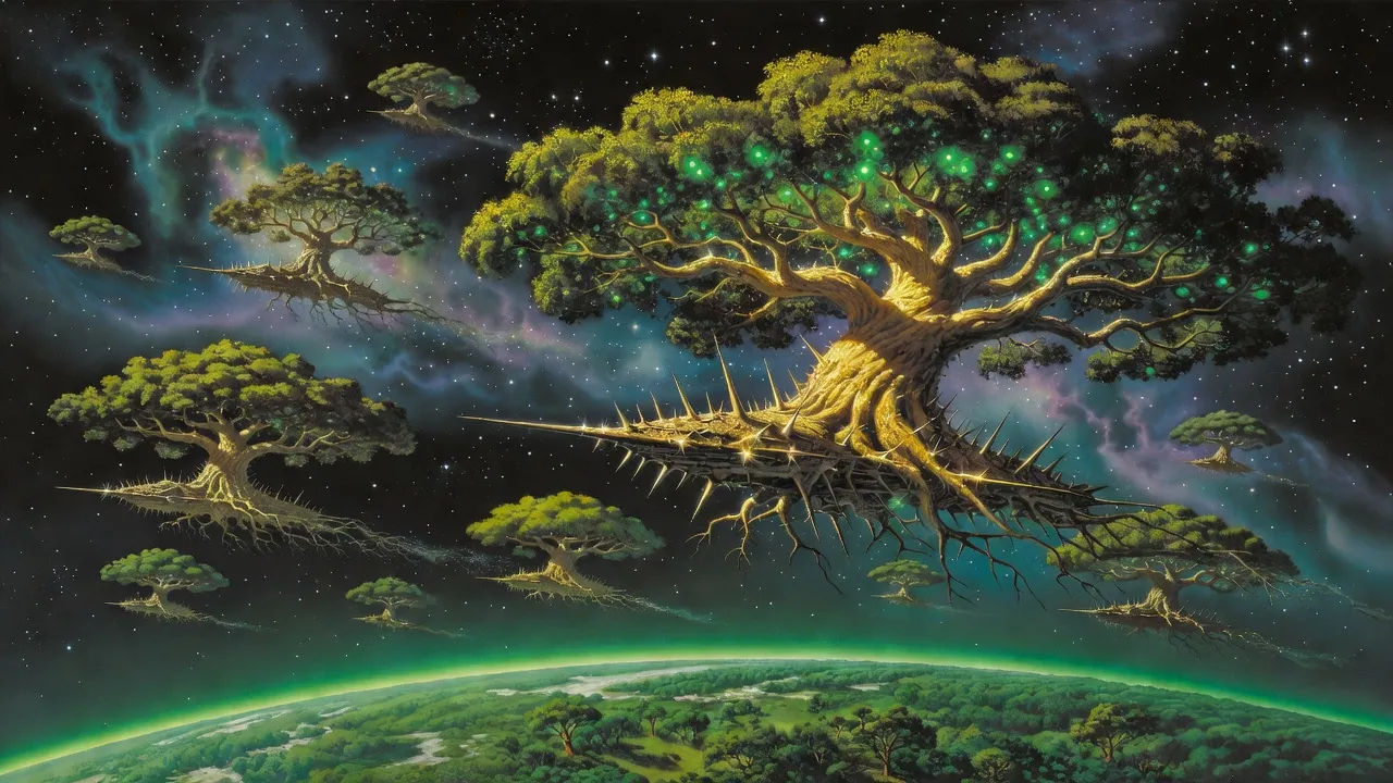 Gigantic thorn-studded trees with branches spread like wings float in space above the green curve of a forested planet, against stars and nebulae.