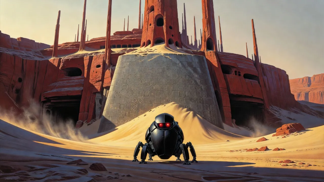 In a red-rock desert of thin stone fins pierced with cave openings, a towering black beetle-shaped robot with glowing crimson eyes stands in a dry wash before a trapezoidal stone wall of carved tiles.